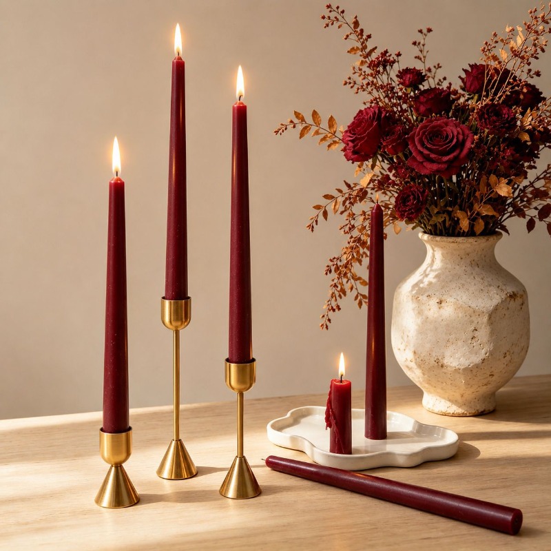 Soy Wax - Bordeauxrode, taps toelopende kaarsen, lange steel,