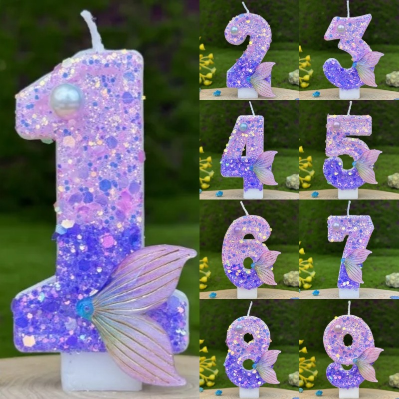 Soy Wax - Glitter paarse gradient zeemeerminstaart cijferkaarsen 0-9,